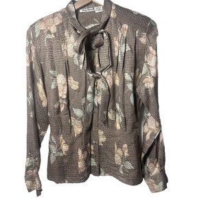 Anne Klein II Blouse Womens Brown Silk Neck Tie Floral  Key Hole Career …